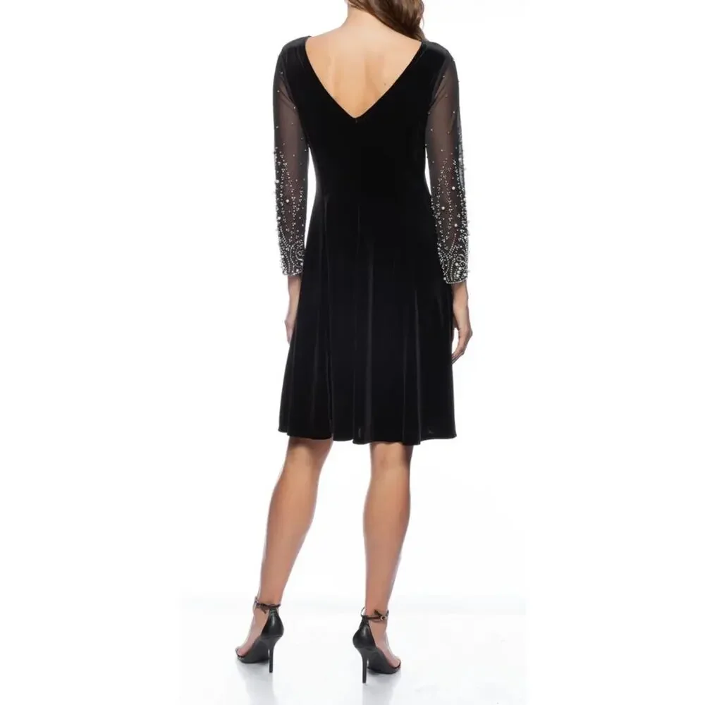 Marina Black Velvet A-Line Dress Sz M Mesh Pearl Beaded Sleeves Elegant Formal - Picture 3 of 10